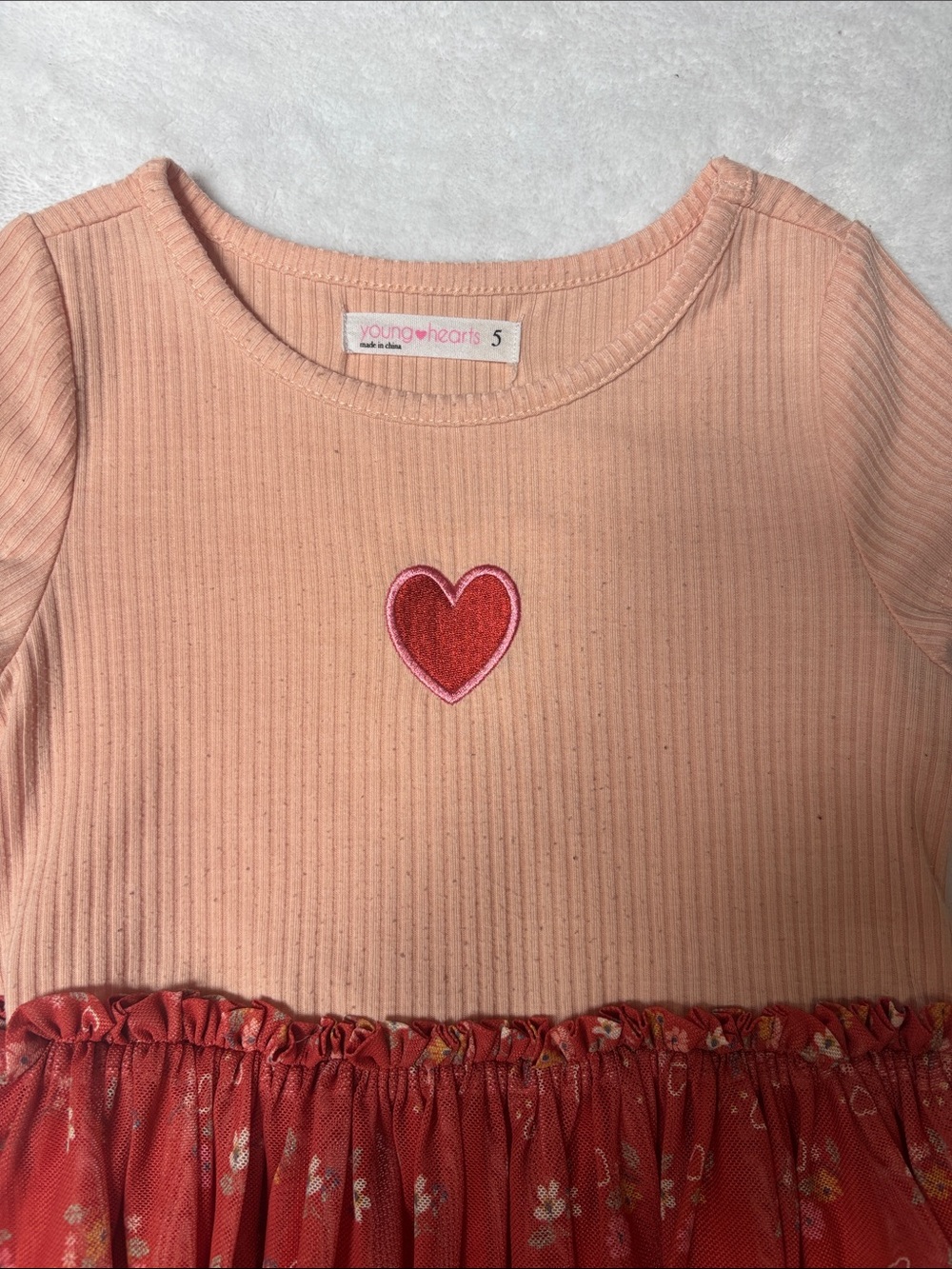 Girls Peach Top with Red Floral Skirt Casual Dress - Picture 3 of 5